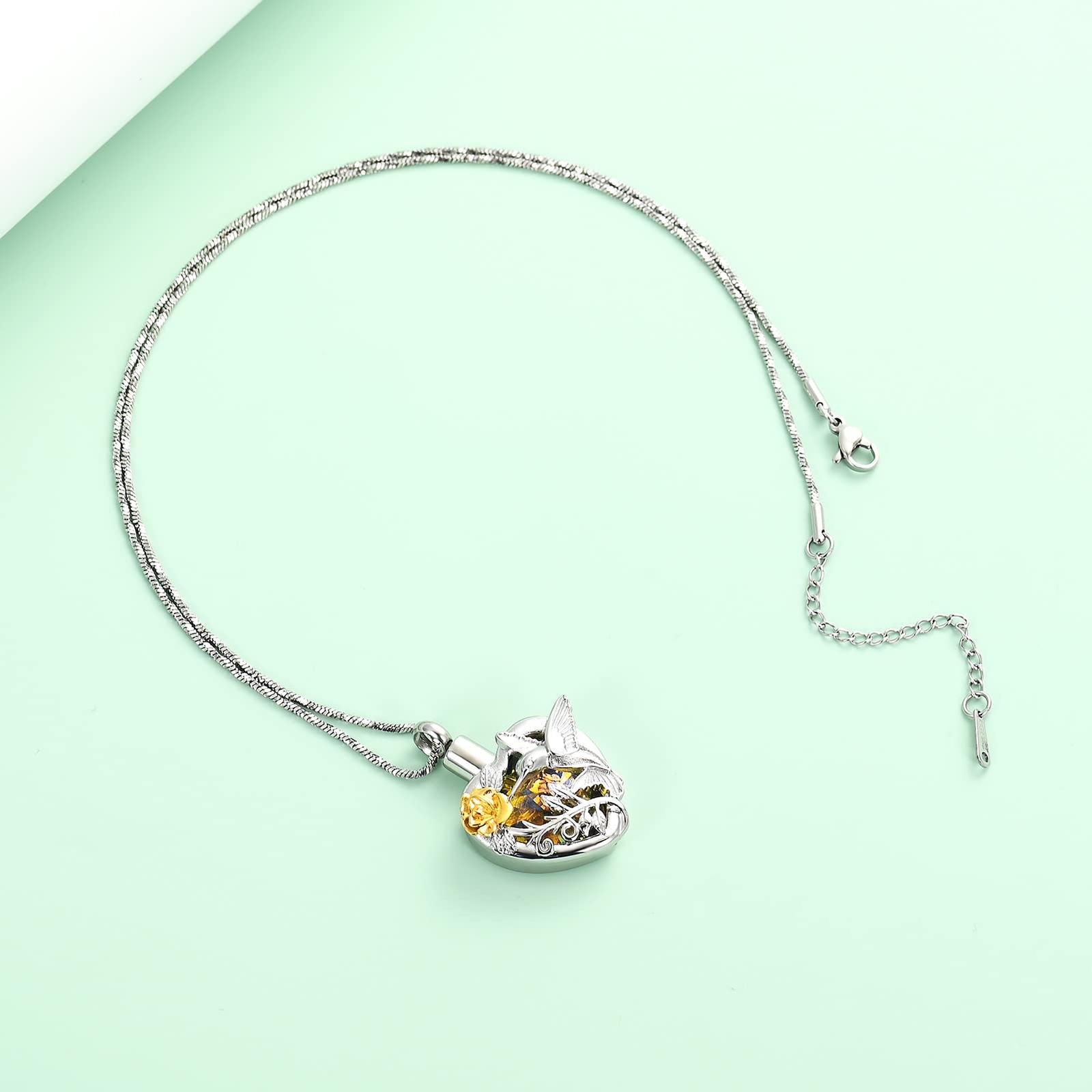 Hummingbird Rose Flower Crystal Heart Urn Pendant Necklace for Cremation Ashes