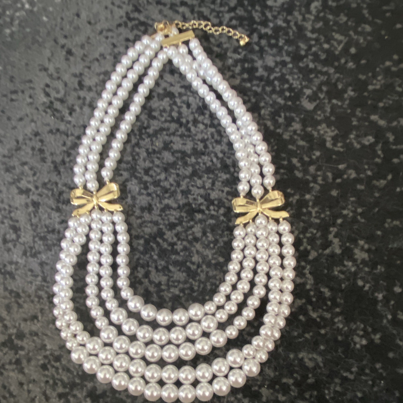 Multi-Strand White Faux Pearl Beaded Necklace Gold Tone Bow Cable Chain Lobster