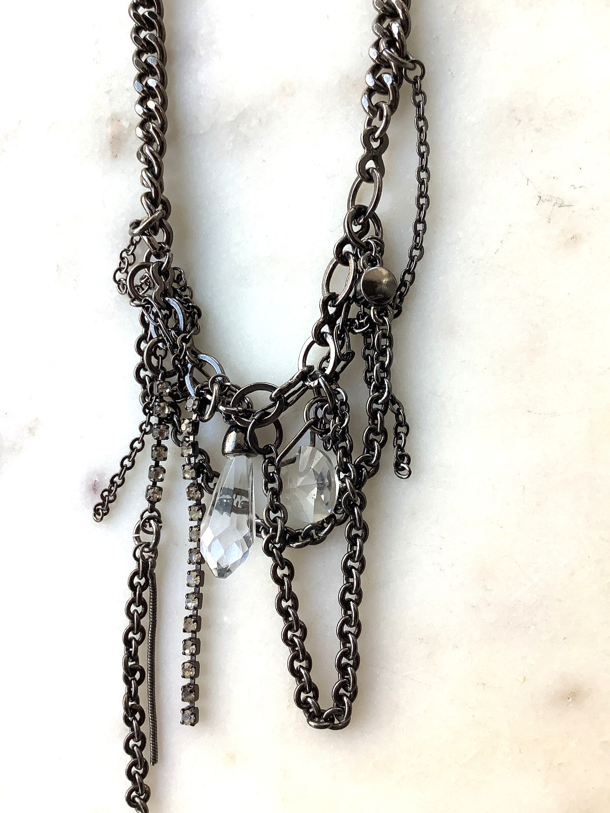 GUESS Dark Silver Tone Layered Statement Necklace Tiers Rhinestones Adjustable