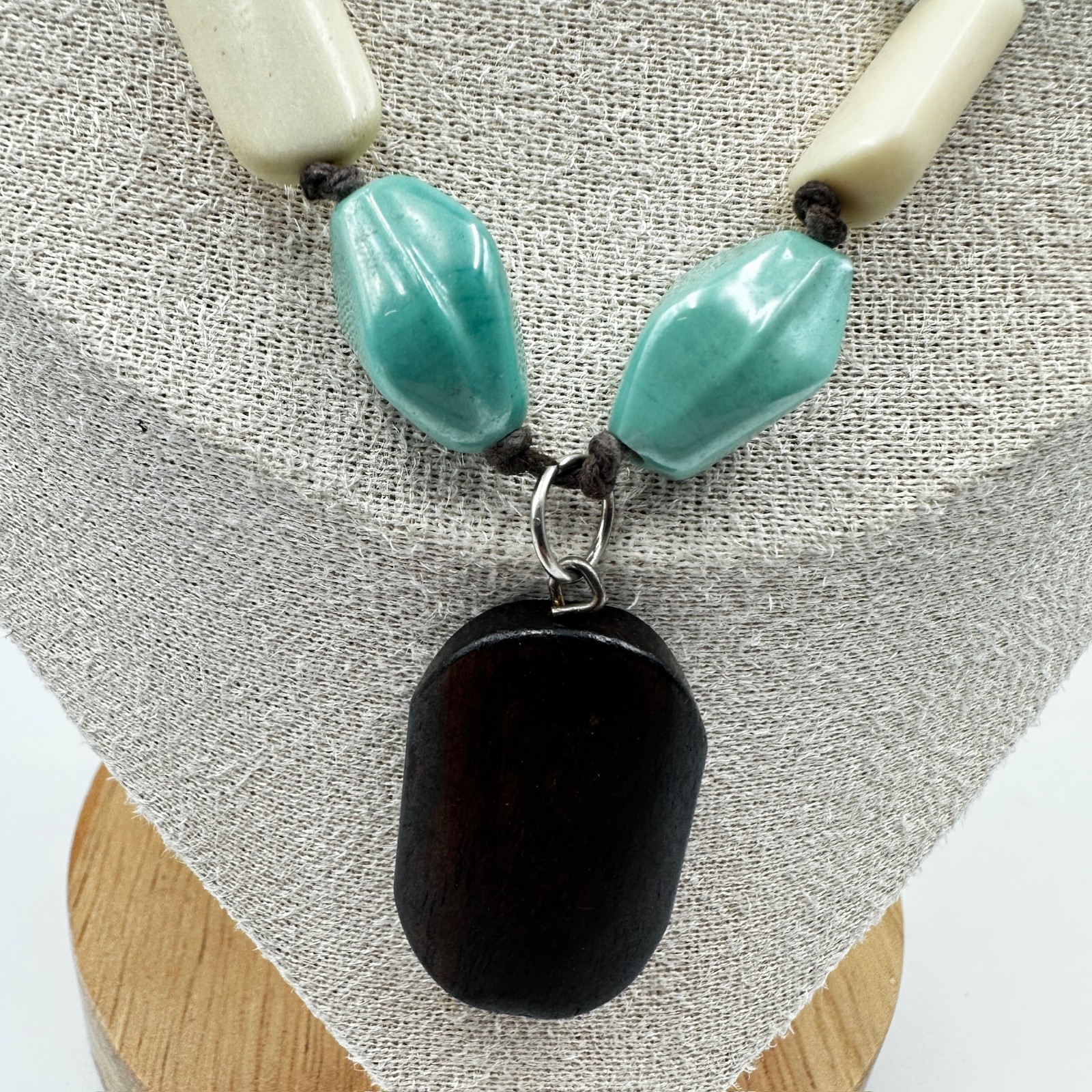 Chunky Black Turquoise Ivory Bead Boho Statement Necklace Adjustable Cord