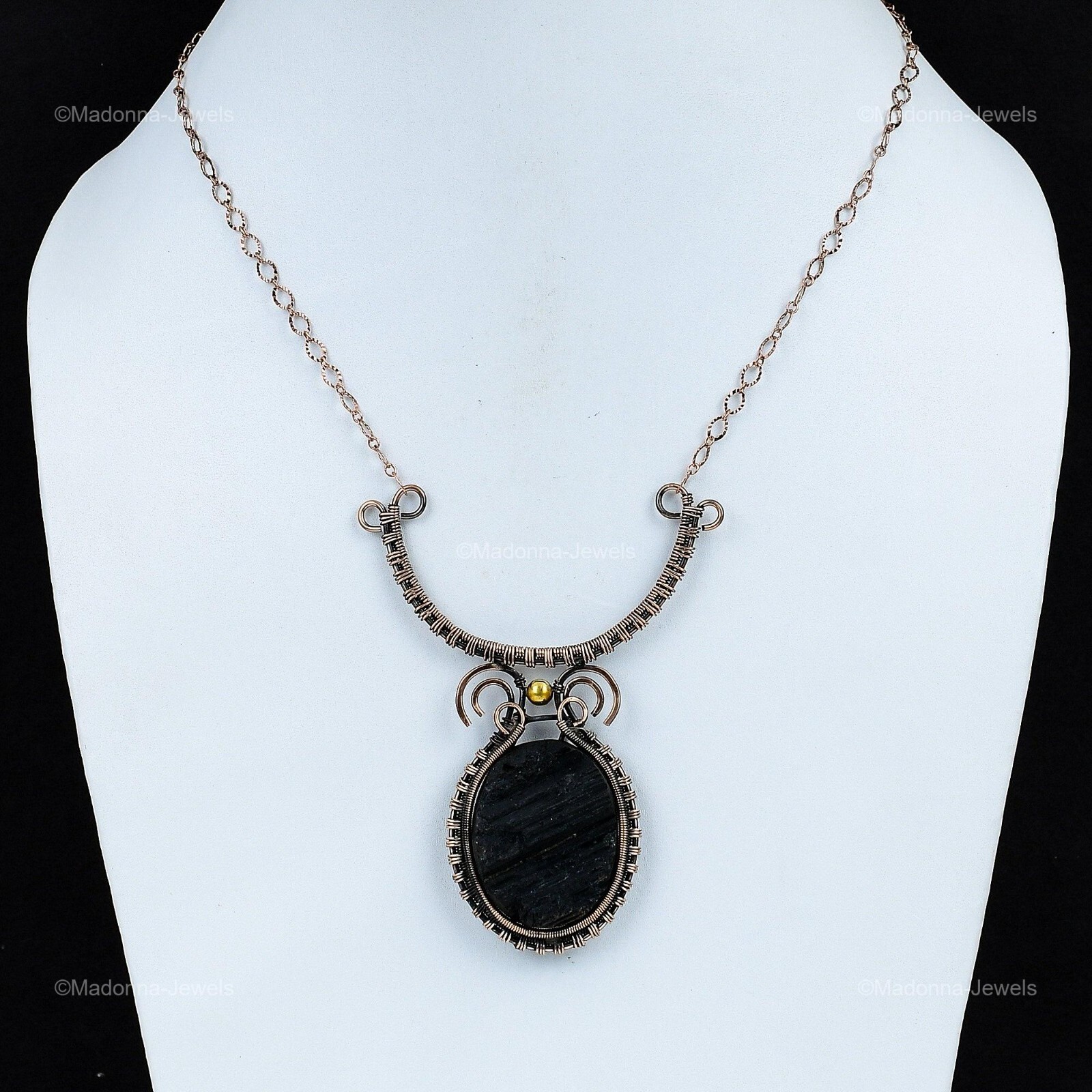 Copper Black Tourmaline Rough Gemstone Chain Anniversary Wire Wrapped Necklace