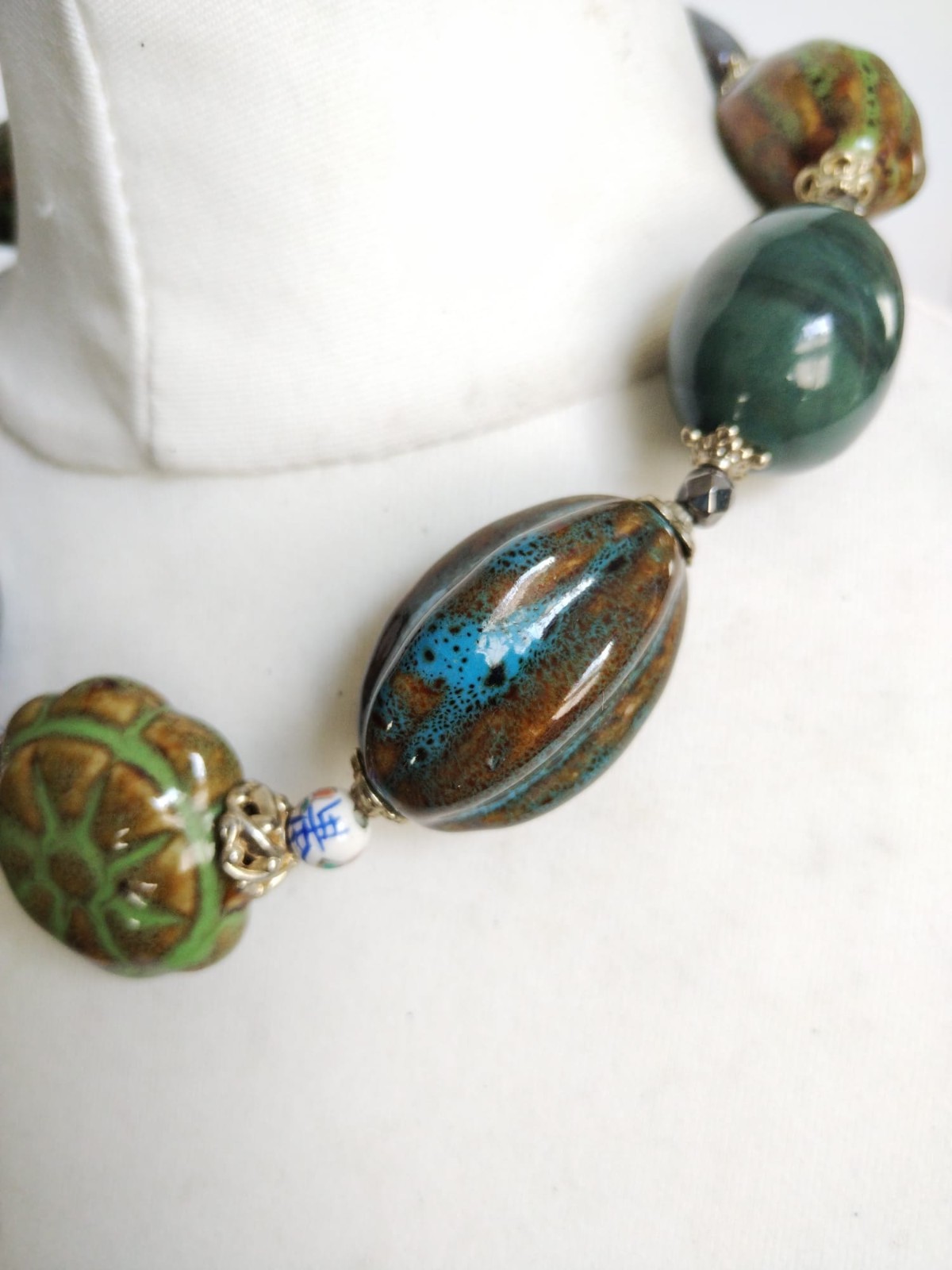 Chunky Glazed Ceramic Mixed Shapes Beaded Statement Necklace, blue green brown