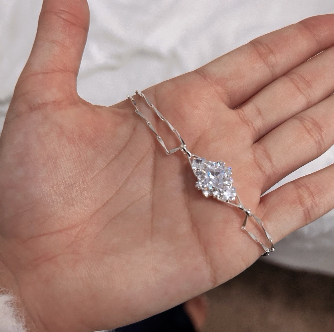 Silver Tone Link Chain Choker Necklace w/ Clear Marquise CZ Cluster Pendant