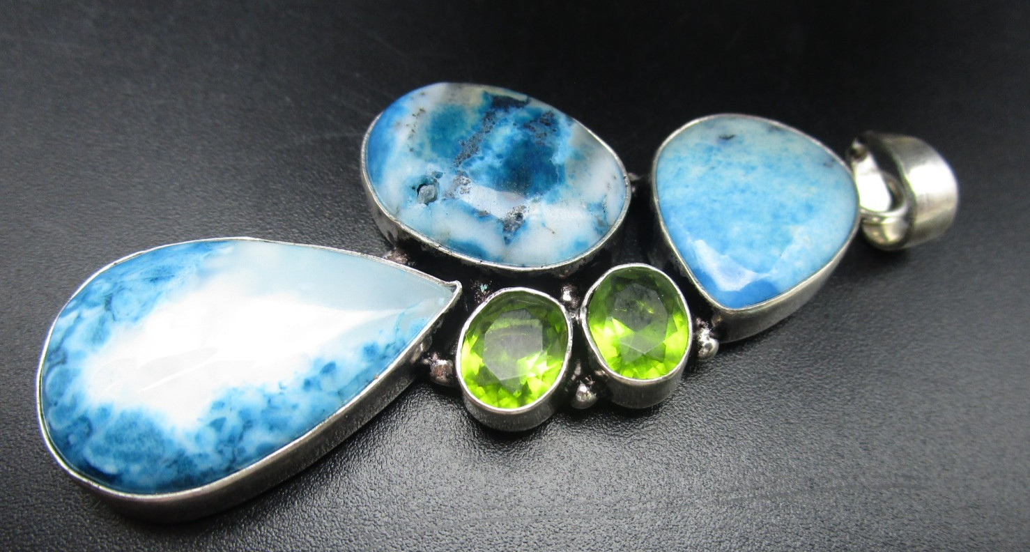 Dentrite Opal & Peridot Gemstone Pendant , 925 Silver, 2.85″