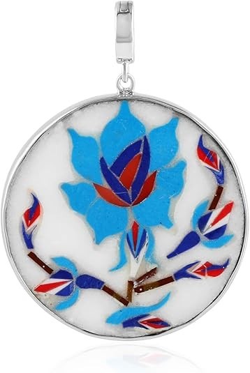 Marble Inlay Multicolor Round Pendant for Women in 925 Sterling Silver