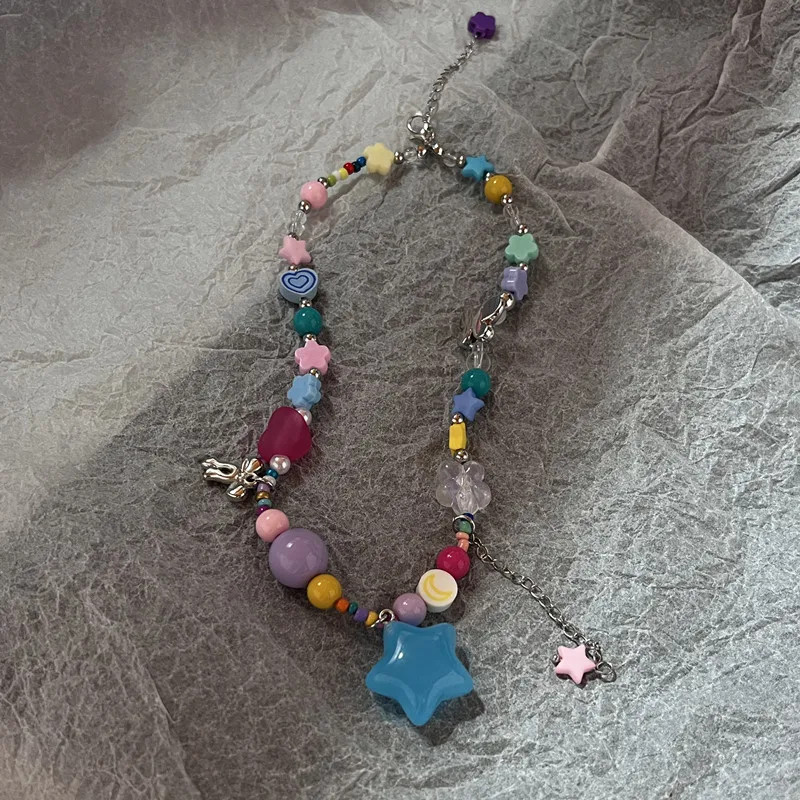 Boho Kpop Colorful Sugar Star Tassel Pendant Choker Necklace for Women Sweet Lov
