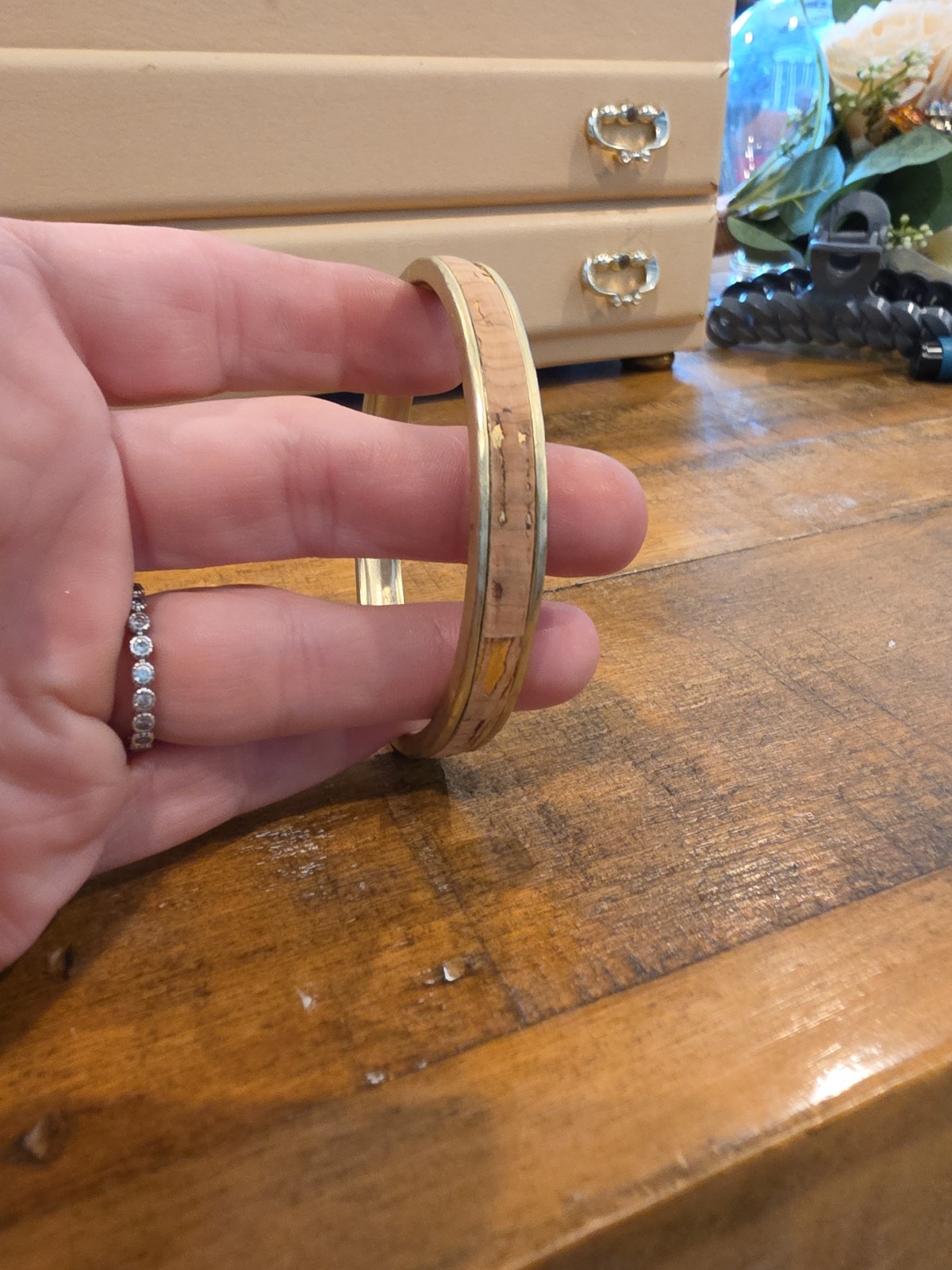Gold Tone And Natural Cork Bangle Bracelet