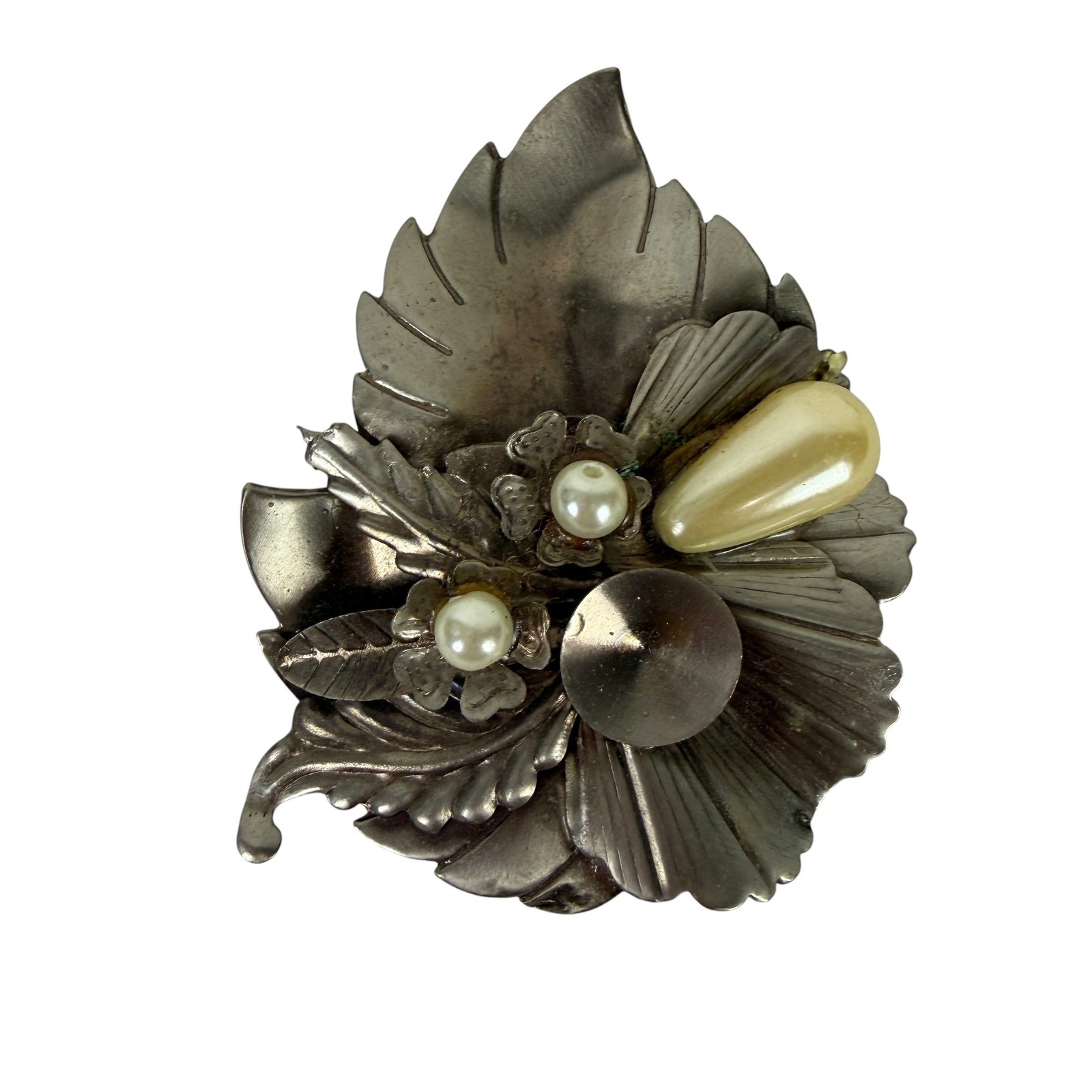 Vintage Silver Tone Leaf Floral Brooch with Faux Pearl Accents Pin Accessory