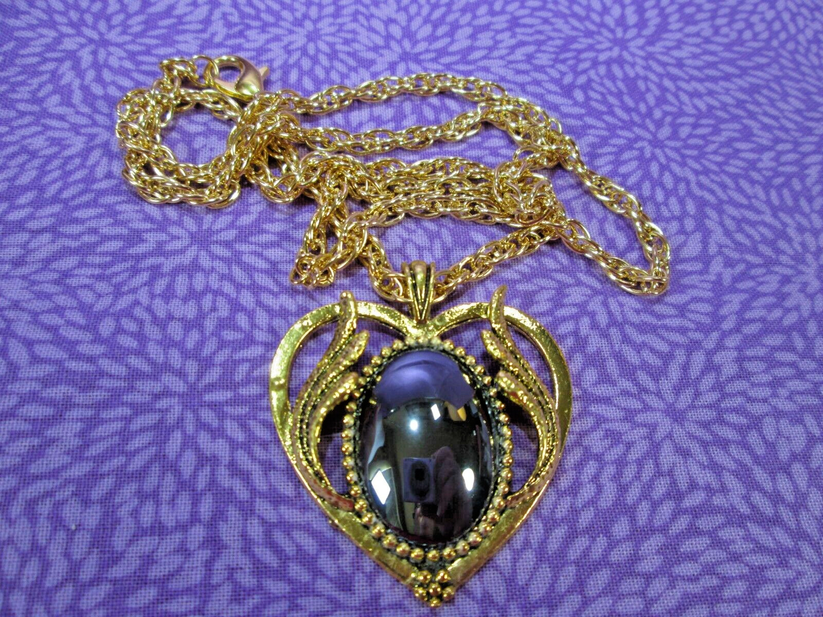Genuine Hematite Stone Pendant w/ 24″ Gold Plated Rope Chain Necklace / C