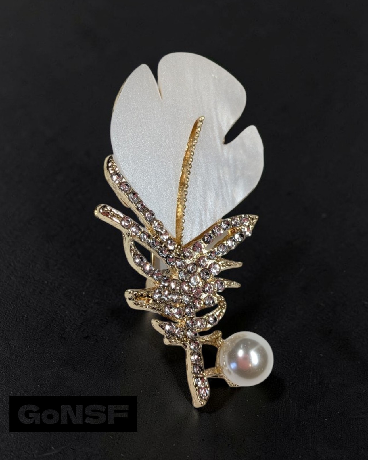 Faux Mother-of-Pearl & Sparkly Rhinestone Feather Brooch with Faux Pearl Accent