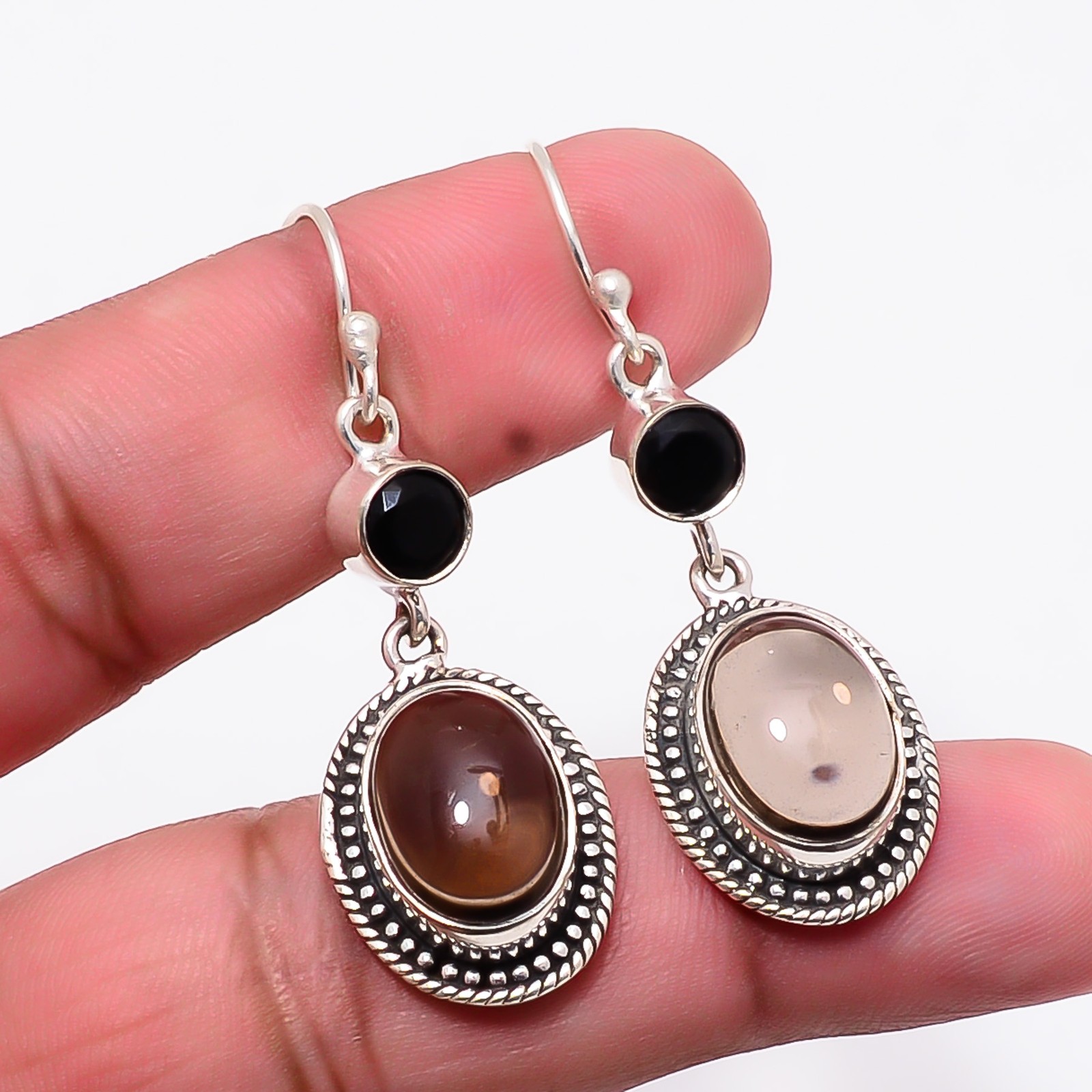 Smoky Quartz – Brazil & Black Onyx 925 Sterling Silver Handmade Earring 1.88 E46