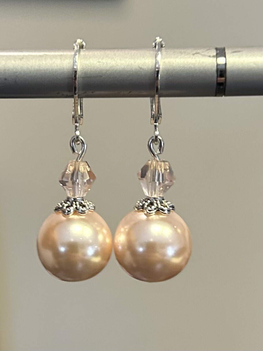 SILVER 925 PALE PINK 12mm PEARL BLUSH SPARKLE CRYSTAL DANGLE LEVER BACK EARRINGS