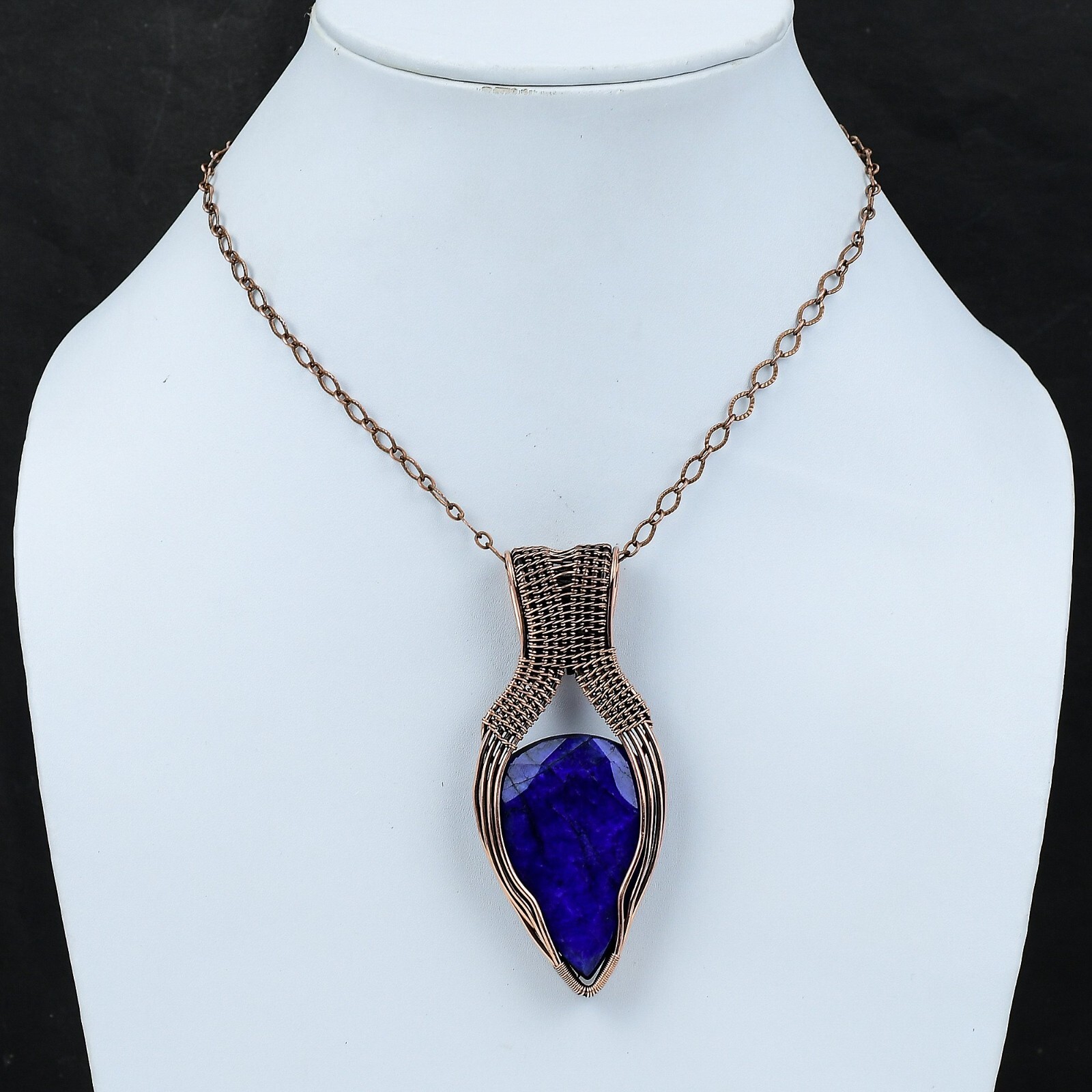 Gift For Her Copper Blue Saphire Gemstone Jewelry Wire Wrapped Pendant 3.27″