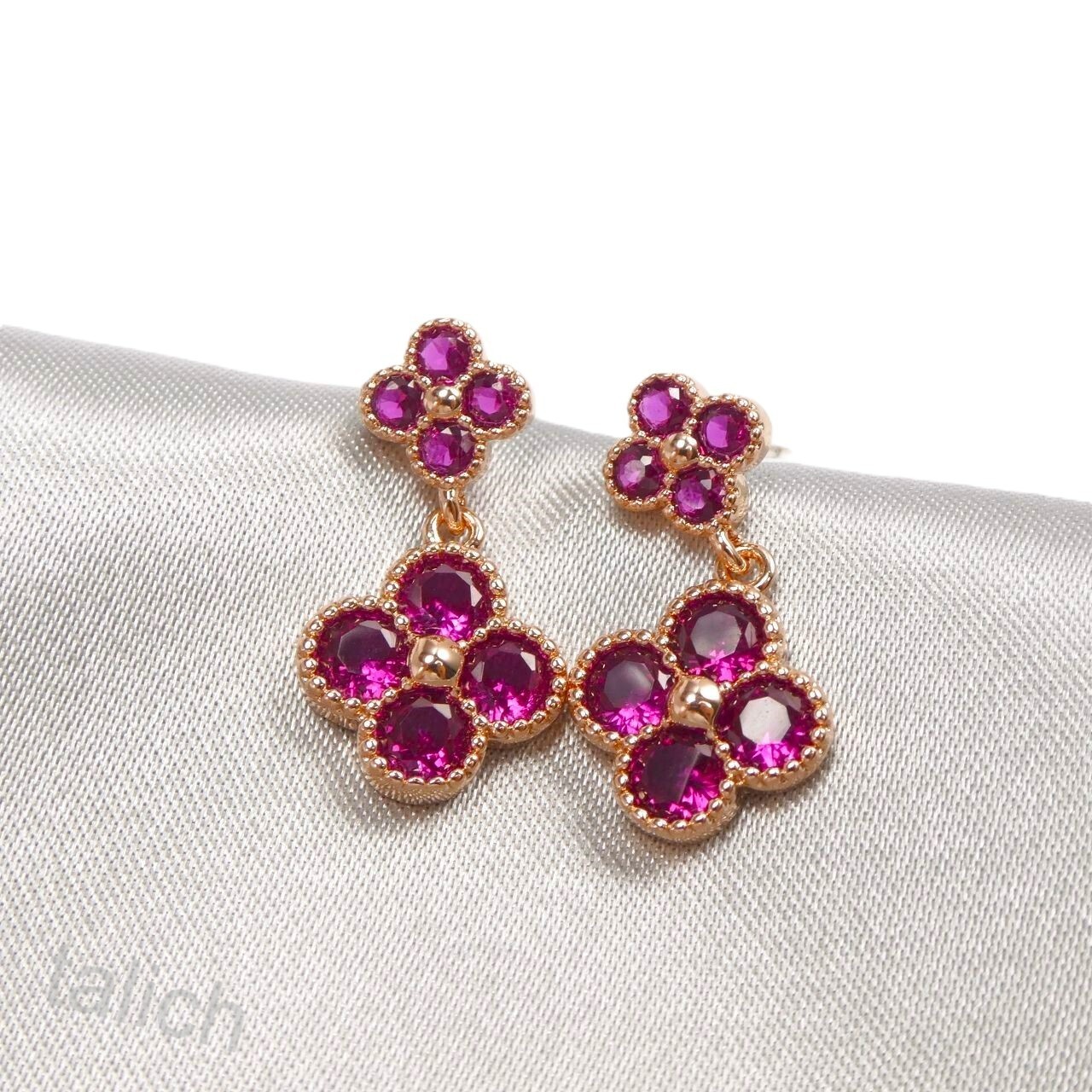 Shiny Rose Gold Plated Fuchsia Hot Pink CZ Four Leaf Clover Drop Earrings Cute!