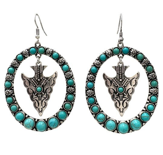 Silver Tone Turquoise Western Oval Dangle/Drop Earrings Hook Closure