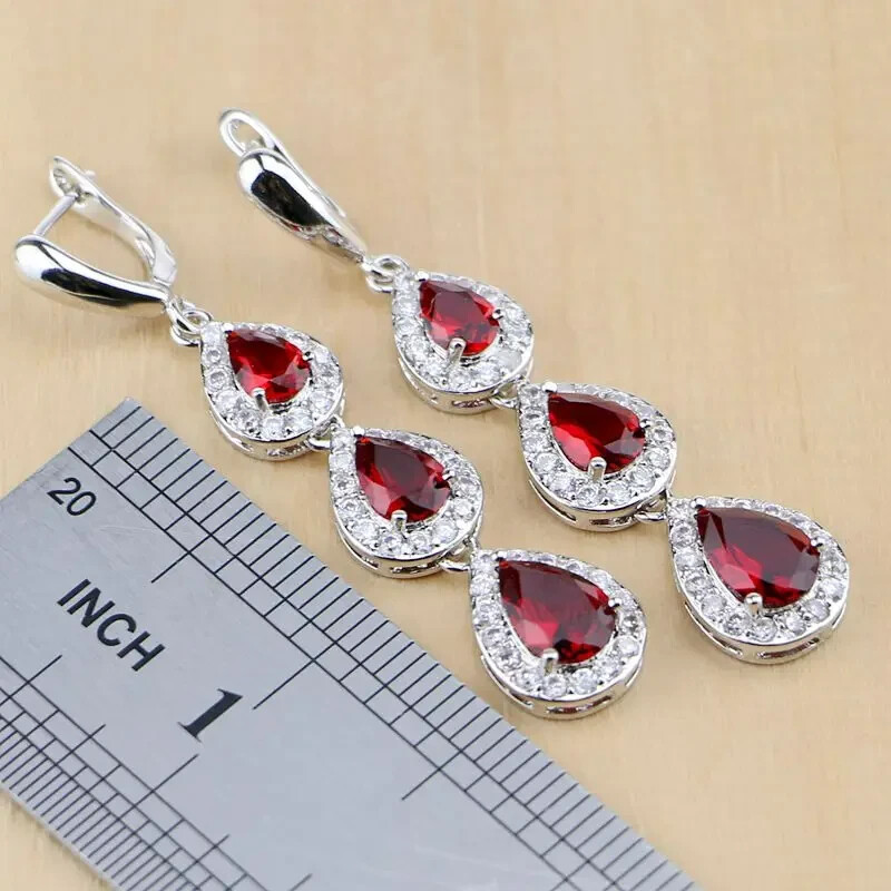 925 Silver CZ Pear cut Red Garnet Ring Earrings Pendant Necklace Bracelet Set