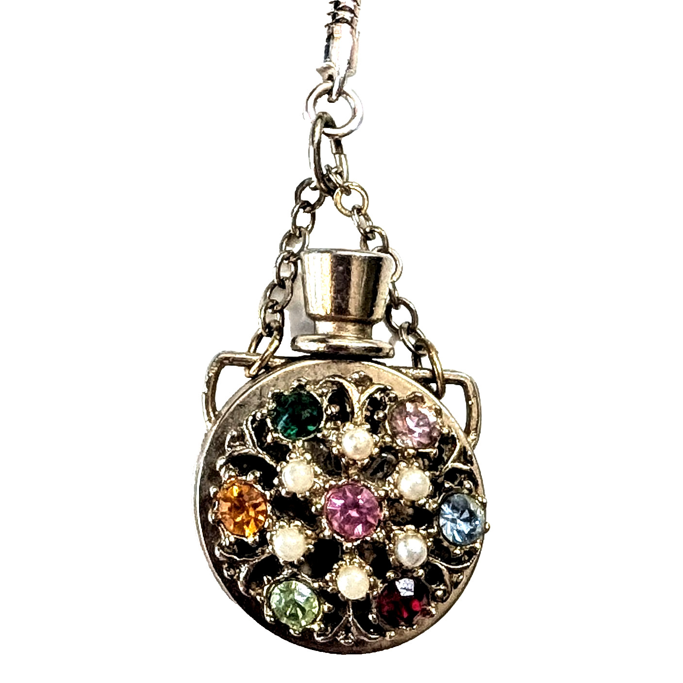 Vintage Multi Color Rhinestone Fragrance Bottle Flask Pendant 1″