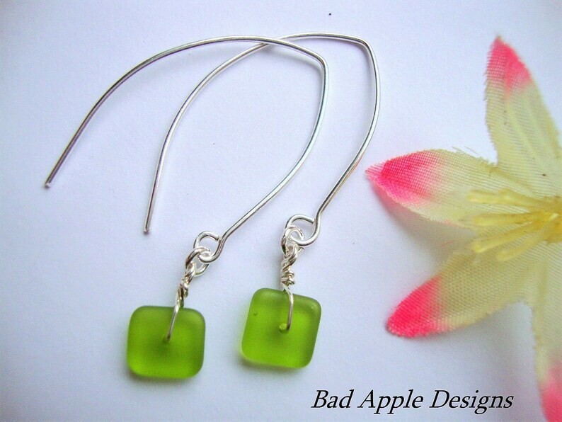 Flat, Forward-Facing, Dainty Frosted Sea Glass Silver Marquise Earrings, Jewelry