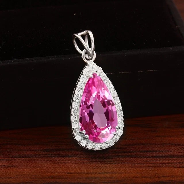Pear Cut Simulated Pink Sapphire Teardrop Pendant Chain In 14k White Gold Plated