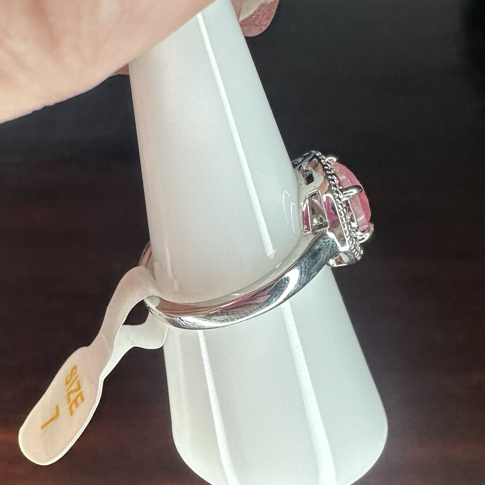 Bomb Party Ring- 2100- Treated Genuine Quartz/Rose- Size 7- Rhodium Plated