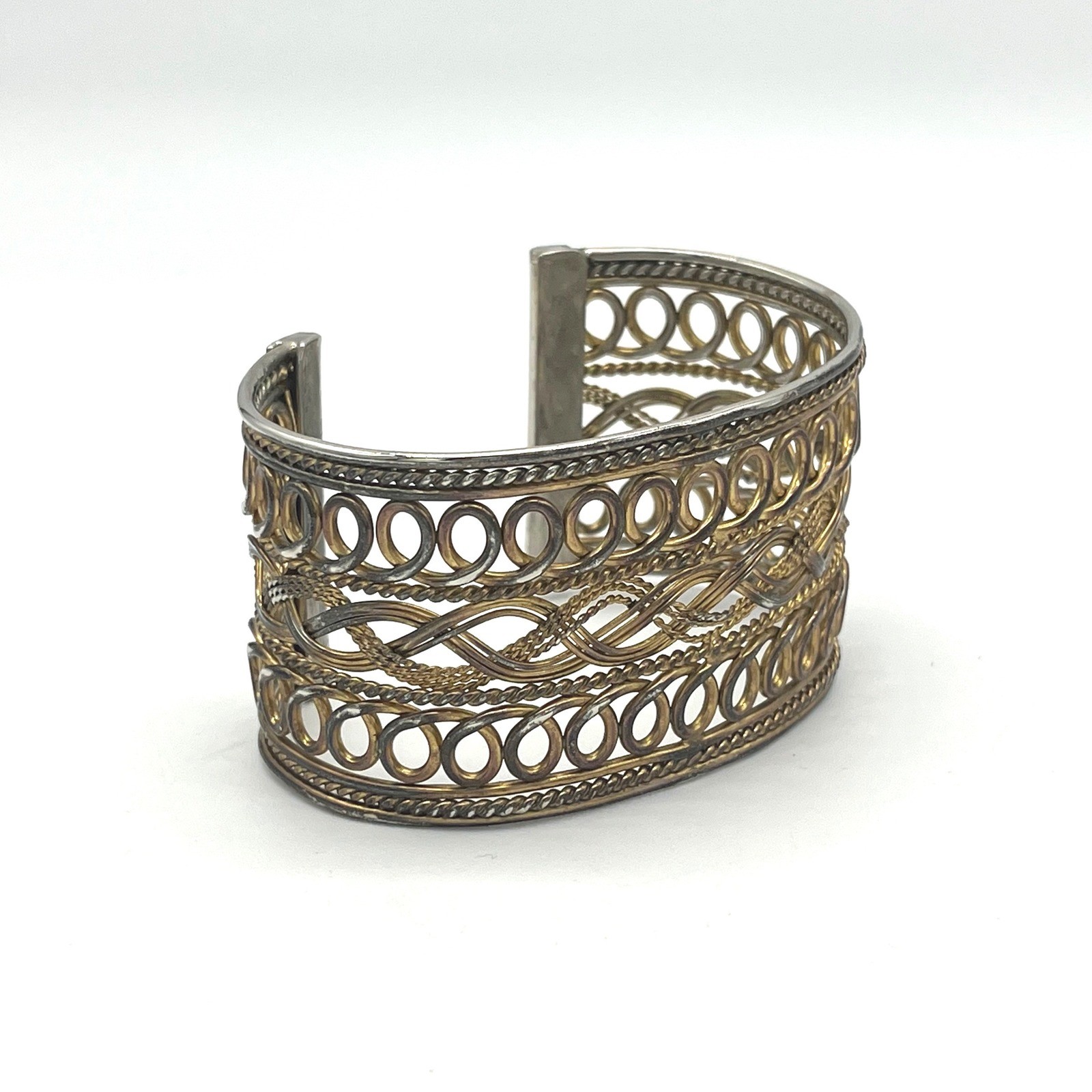 Mixed Metal Filigree Cuff Bracelet Two Tone Woven Braided Wide Statement Boho