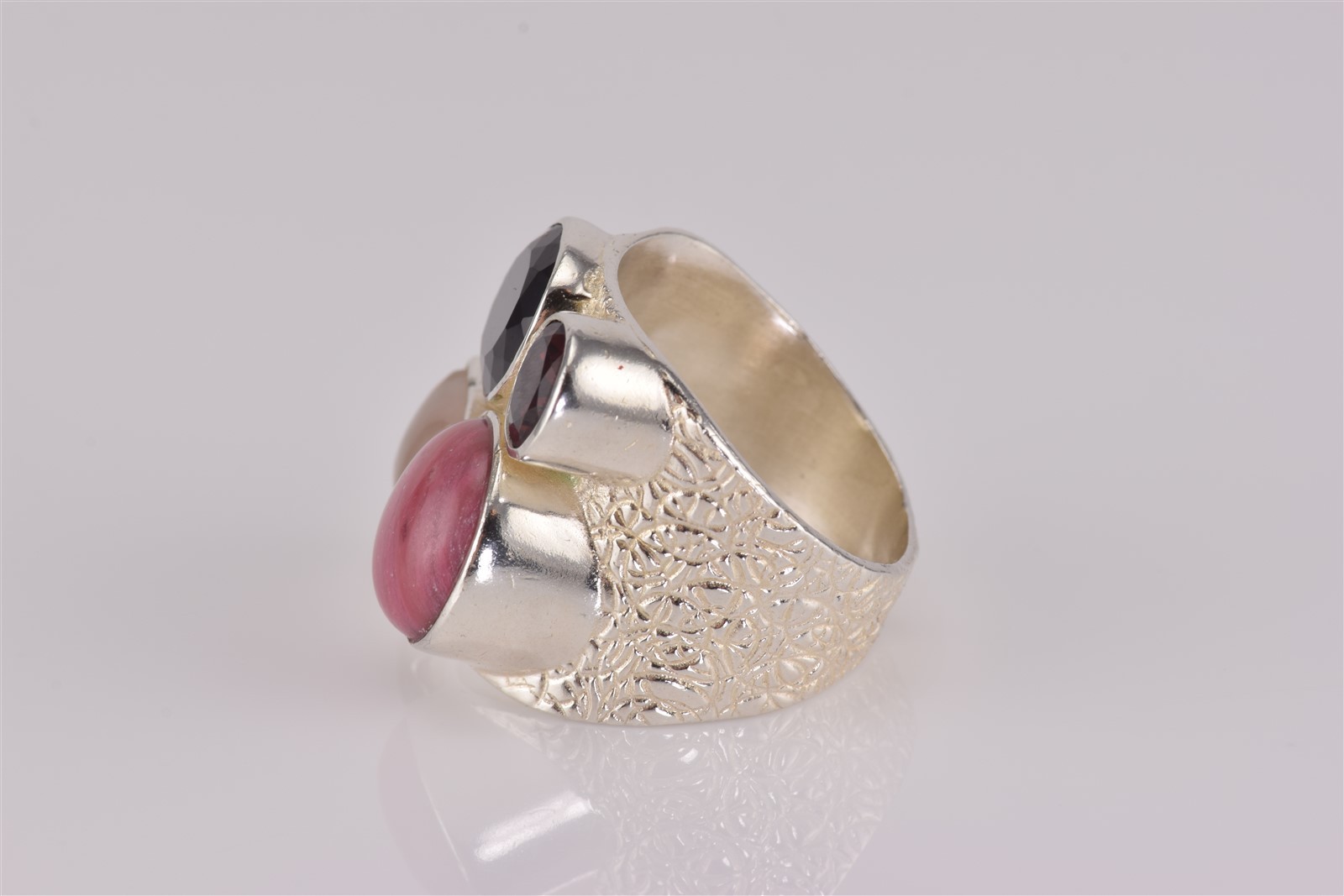 DTR Sterling Silver Rhodochrosite Garnet Quartz Textured Band Ring 925 Sz: 10