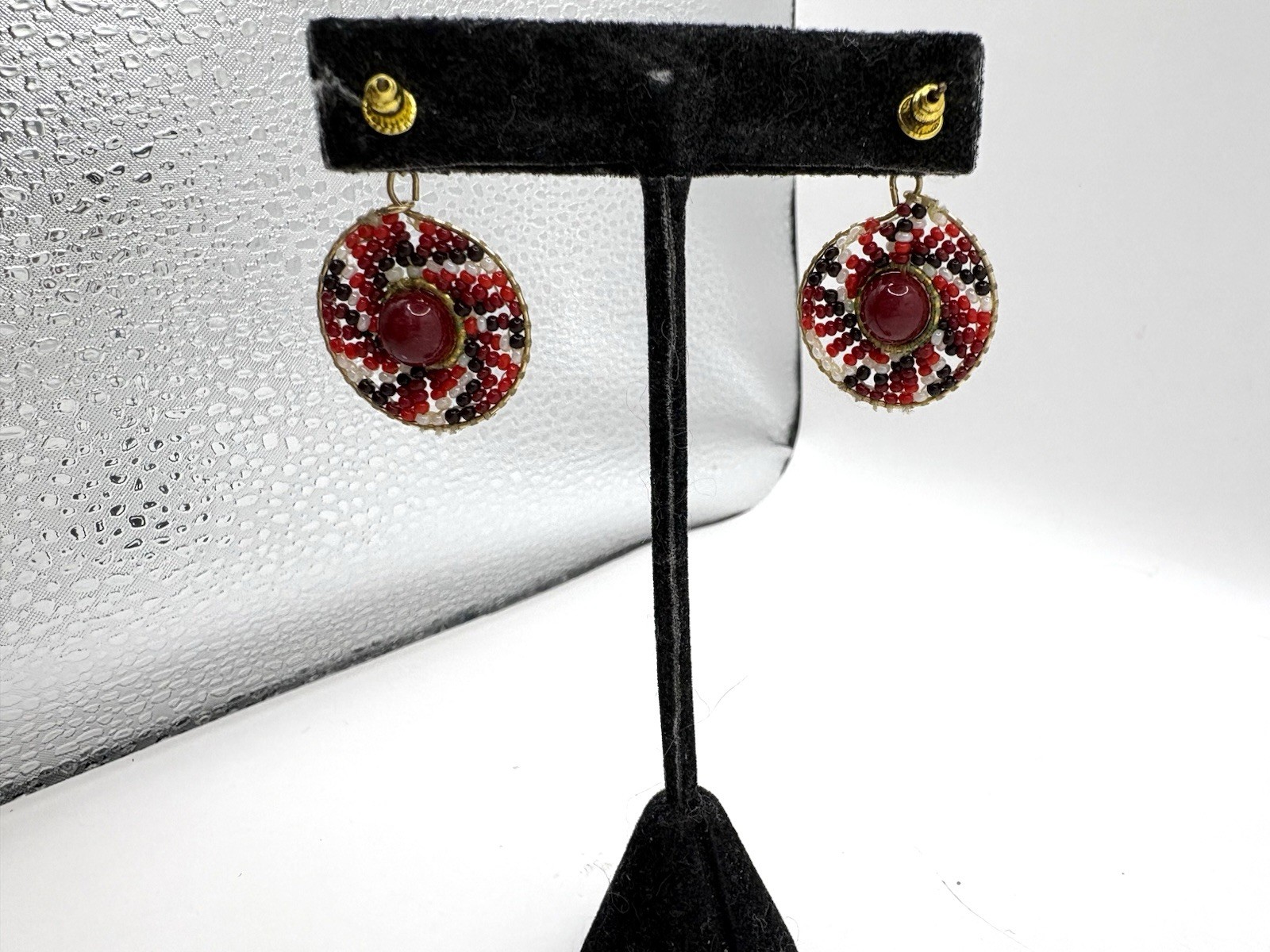 Hand Beaded Red White & Black Beaded Dangle Pierced Stud Earrings Gold Tone