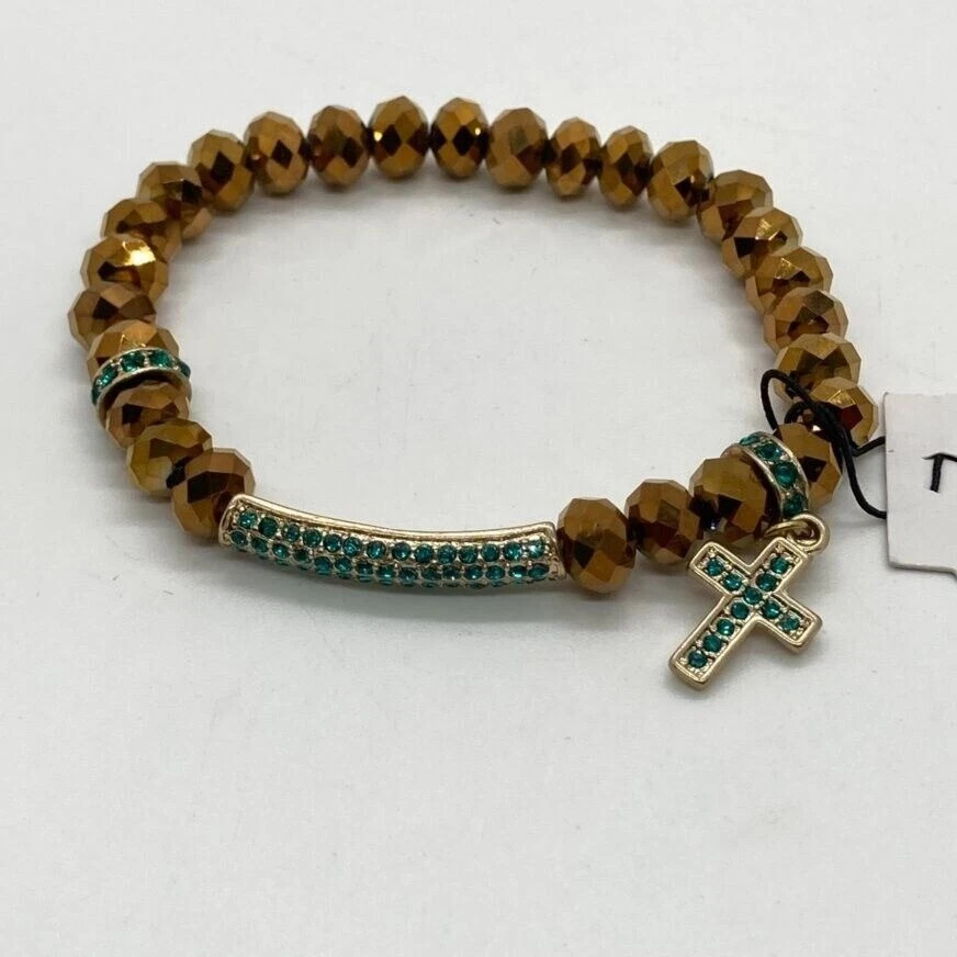 APT. 9 Gold Tone Stretch Bracelet with Faceted Beads & Green Pave Cross Charm