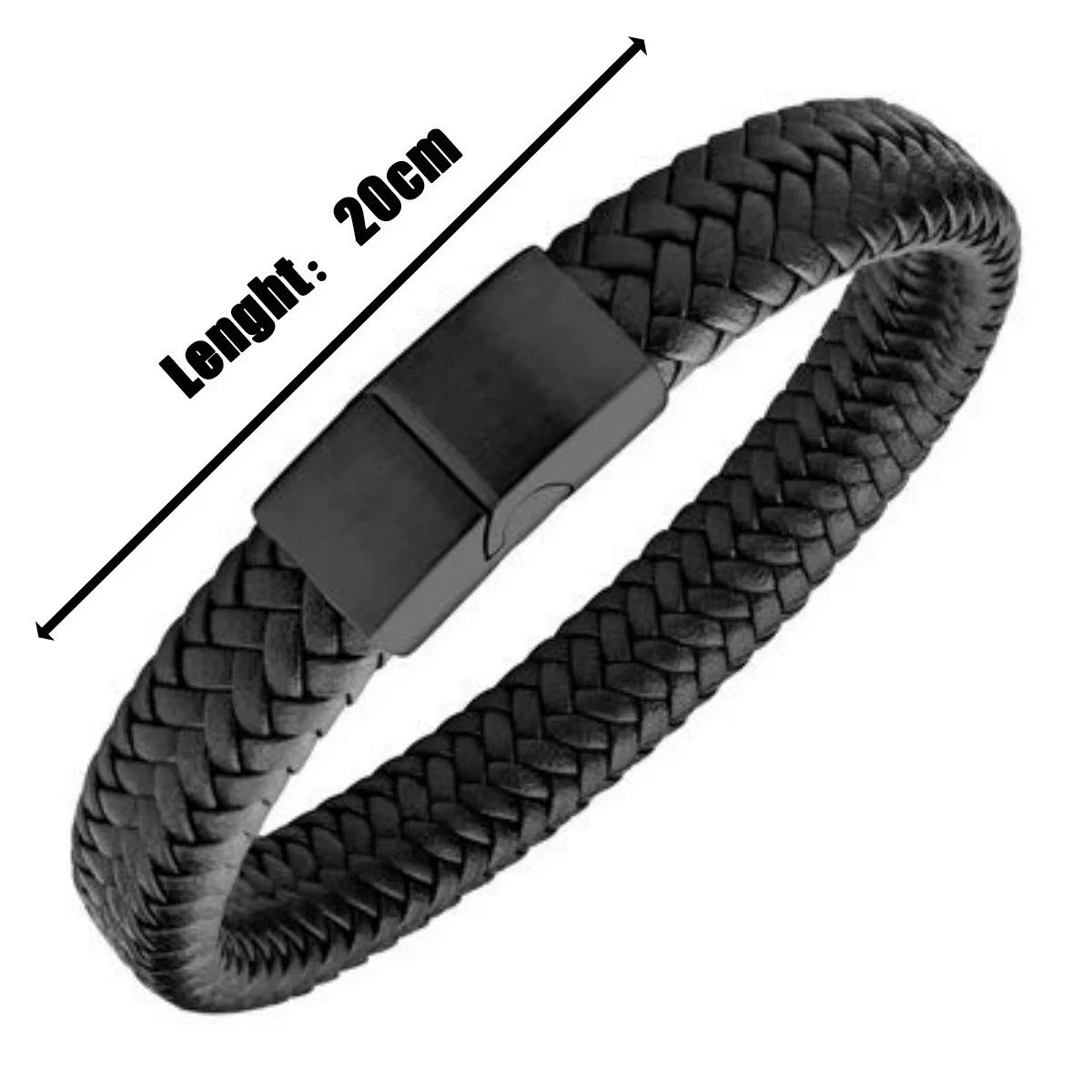 Black Bracelet Men’s Braided Leather Bangle Stainless Steel Cuff Wristband USA