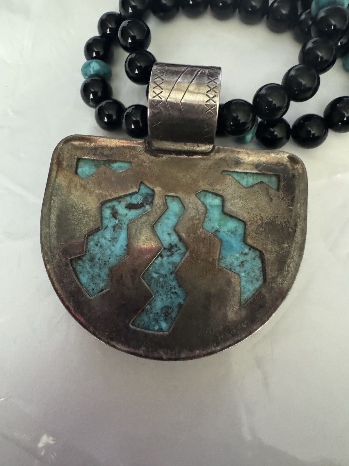 Jay King Kingman Turquoise Pendant Necklace Multi Strand Black Onyx Beads