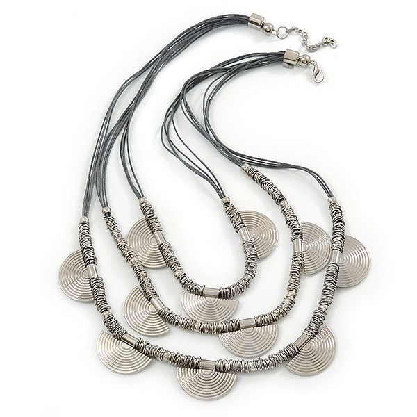 3 Strand Grey Cotton Cord Necklace with Metal Rings In Silver Tone – 66cm L/