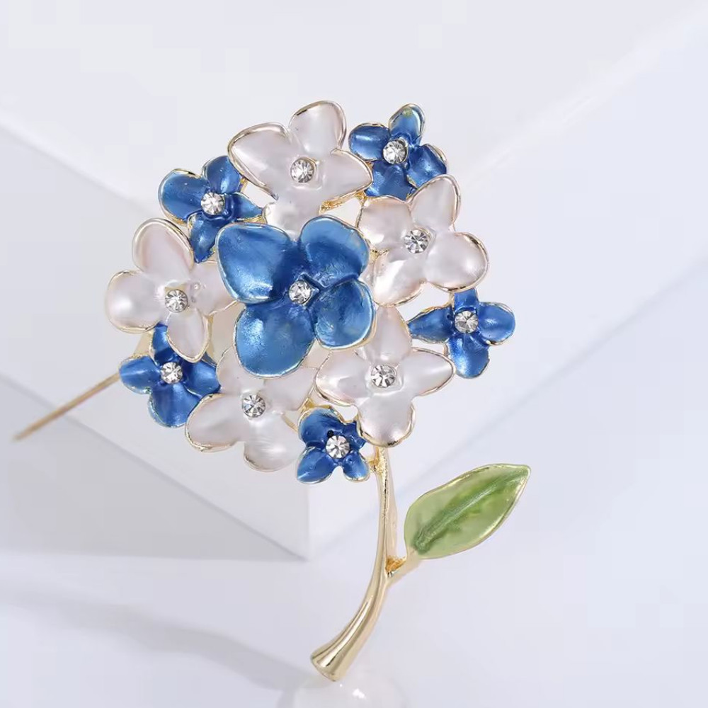 Enamel Hydrangea Flower Bouquet Brooch Crystal Floral Pin Gold Statement Jewelry