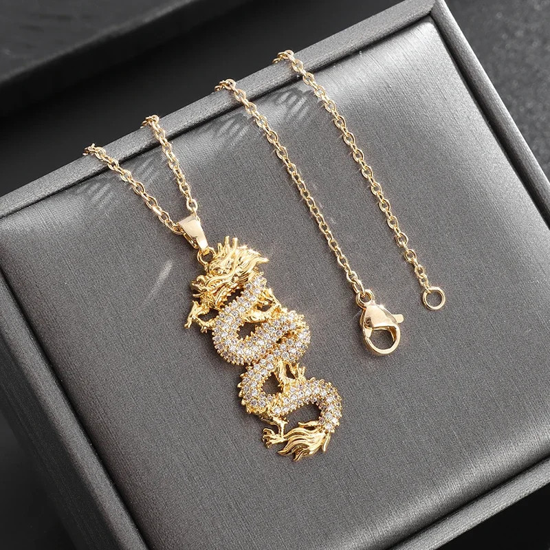 Cubic Zirconia Dragon Pendant Necklace for Men Women Amulet Jewelry