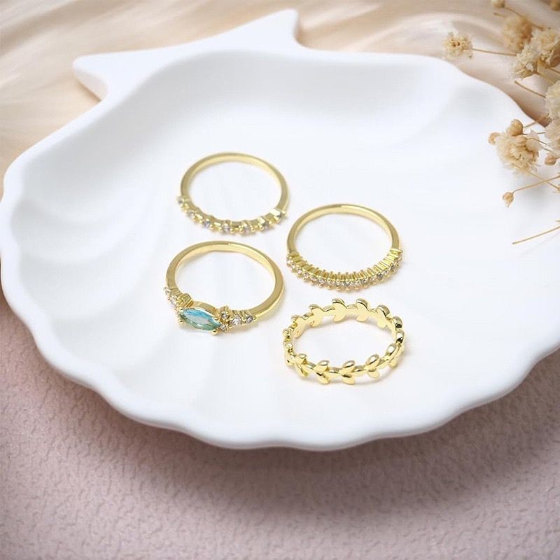 ONE SET 4 PCS Fashion Women 18K Gold Plated Blue CZ Sparkling Leaf Band Ring