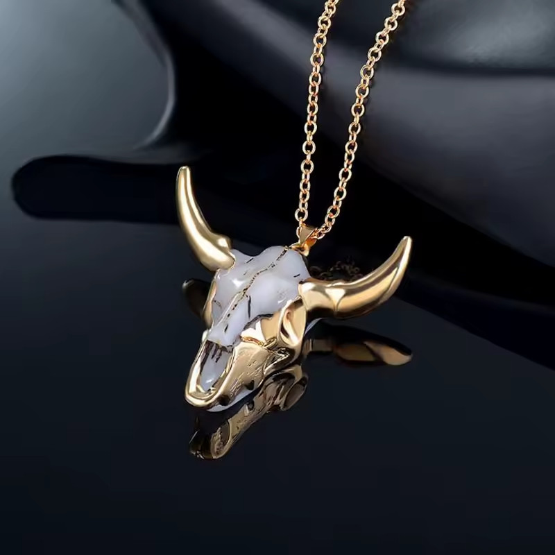 Bull Cow Skull Bone Horn Necklace in Gold Pendant with Chain