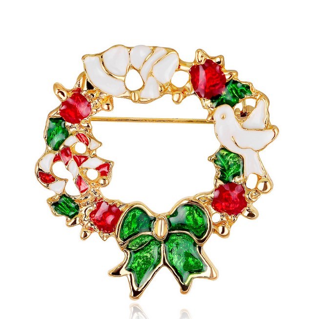 Rose Gold Christmas Bowtie Wreath Blouse Enamel Crystal Tip Brooch Pin Gift