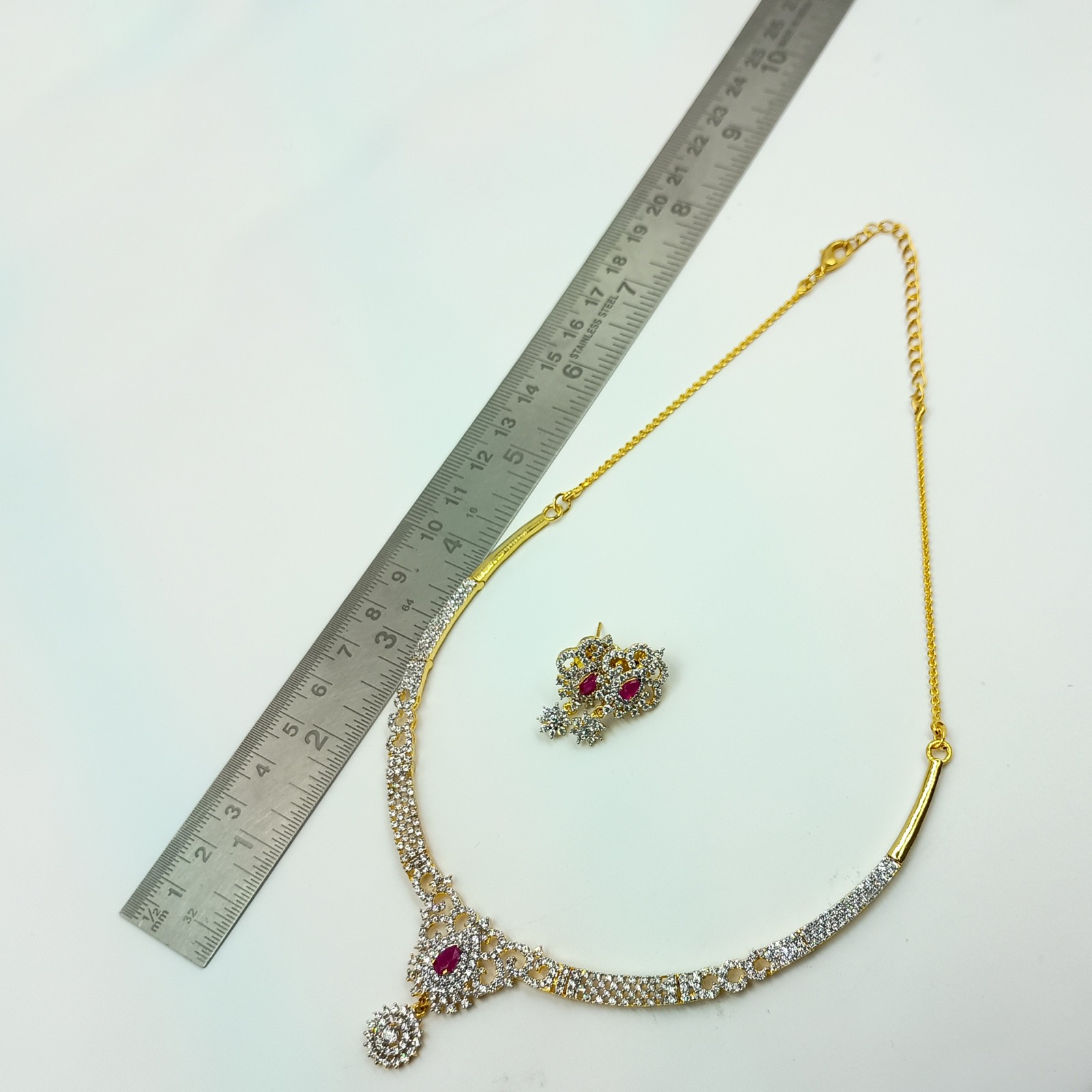 22k Gold Plated Ruby CZ Diamond Choker Necklace Set South Indian Ethnic Set