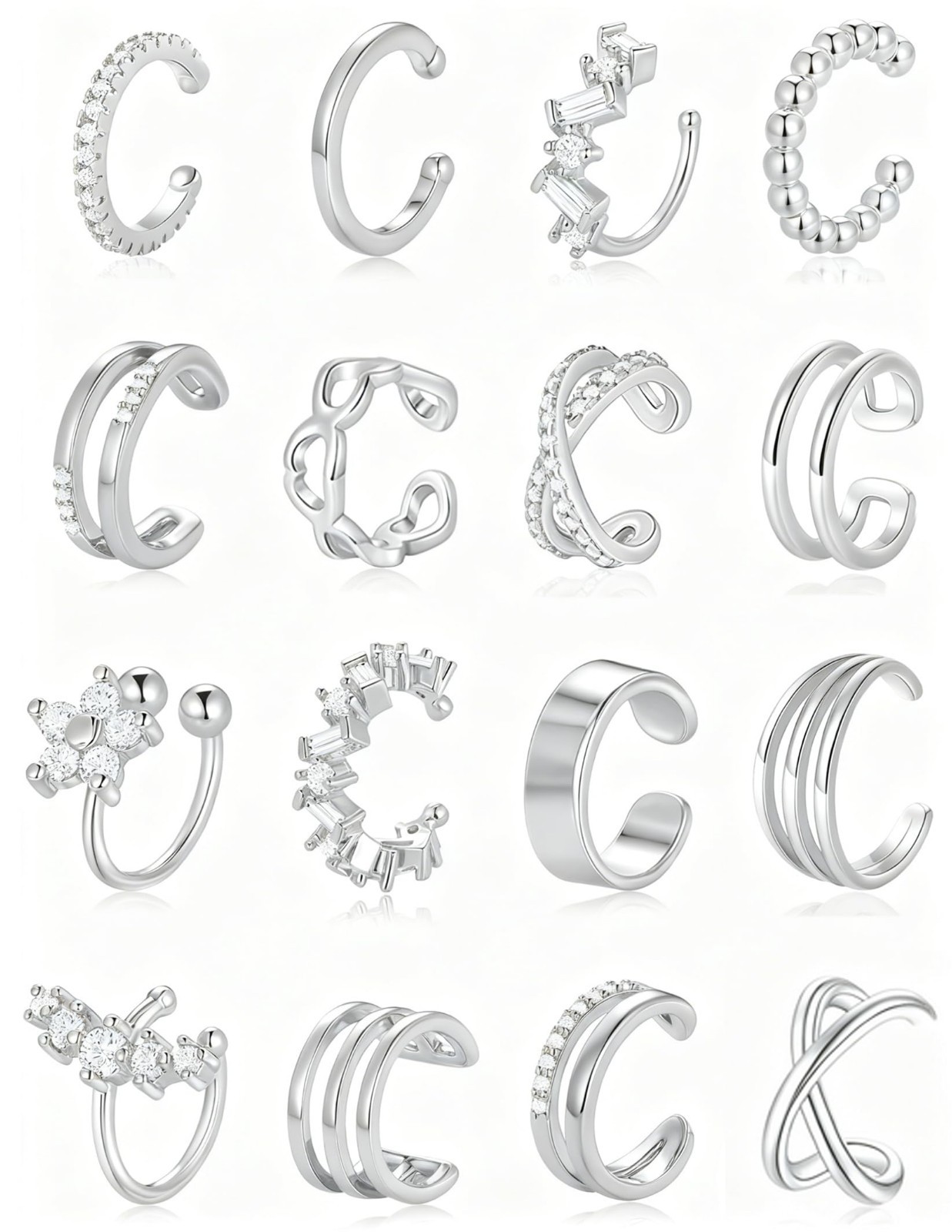 16Pcs Non-Piercing Ear Cuff Earrings Set – Gold Silver Plated Clip-On CZ Heart F