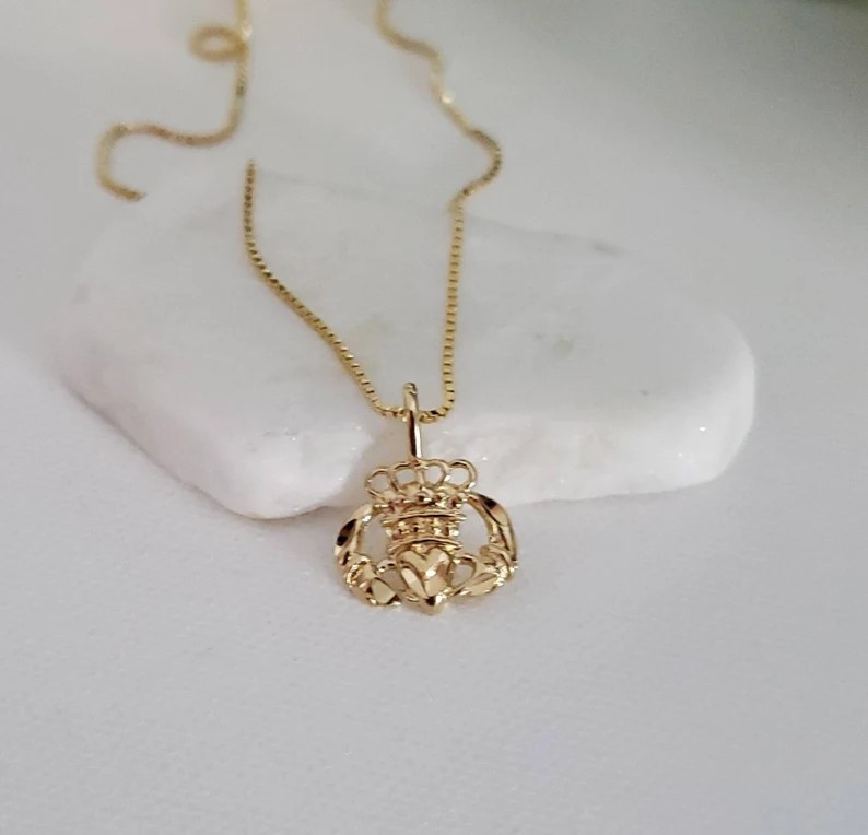 Gold Claddagh Necklace, 14k Heavy Plated Gold, 1mm Box Chain