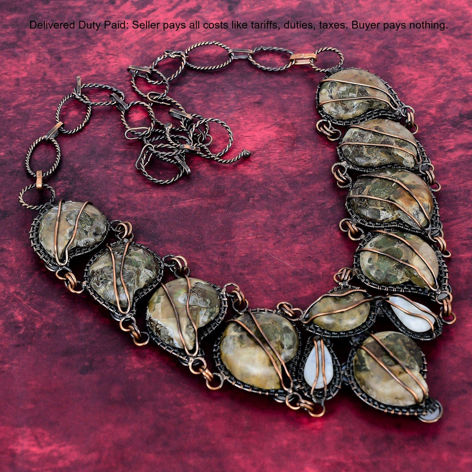 Ammonite Fossil Gemstone Rainbow Moonstone Copper Wire Wrapped Chain Necklace