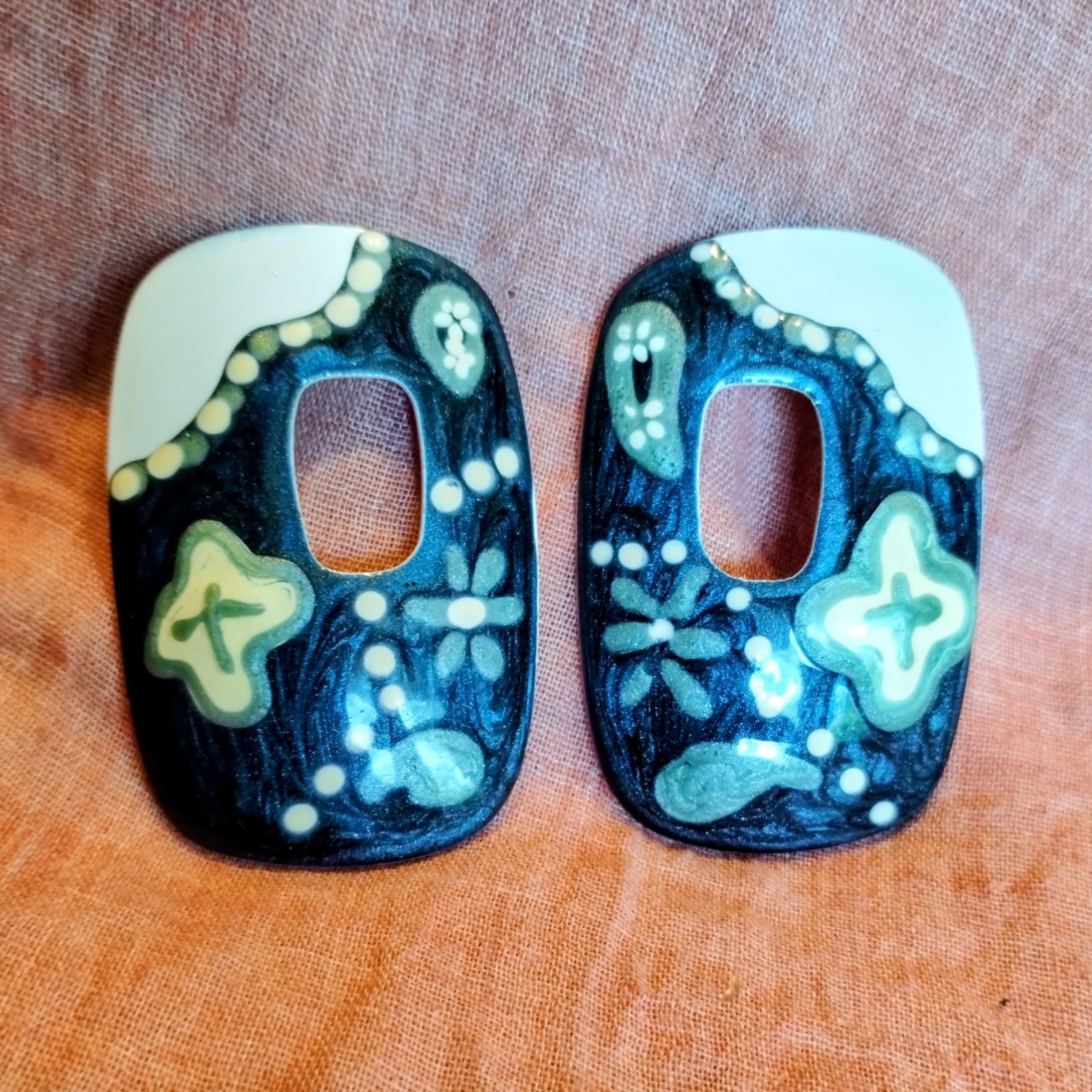 Vintage 1980s 80s Metal Abstract Artisan Hand painted Blue Ocean Theme Earrings
