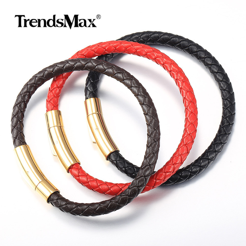 4/6mm Red/Brown/Black Braided Leather Rope Bracelet Stainless Steel Gold Clasp