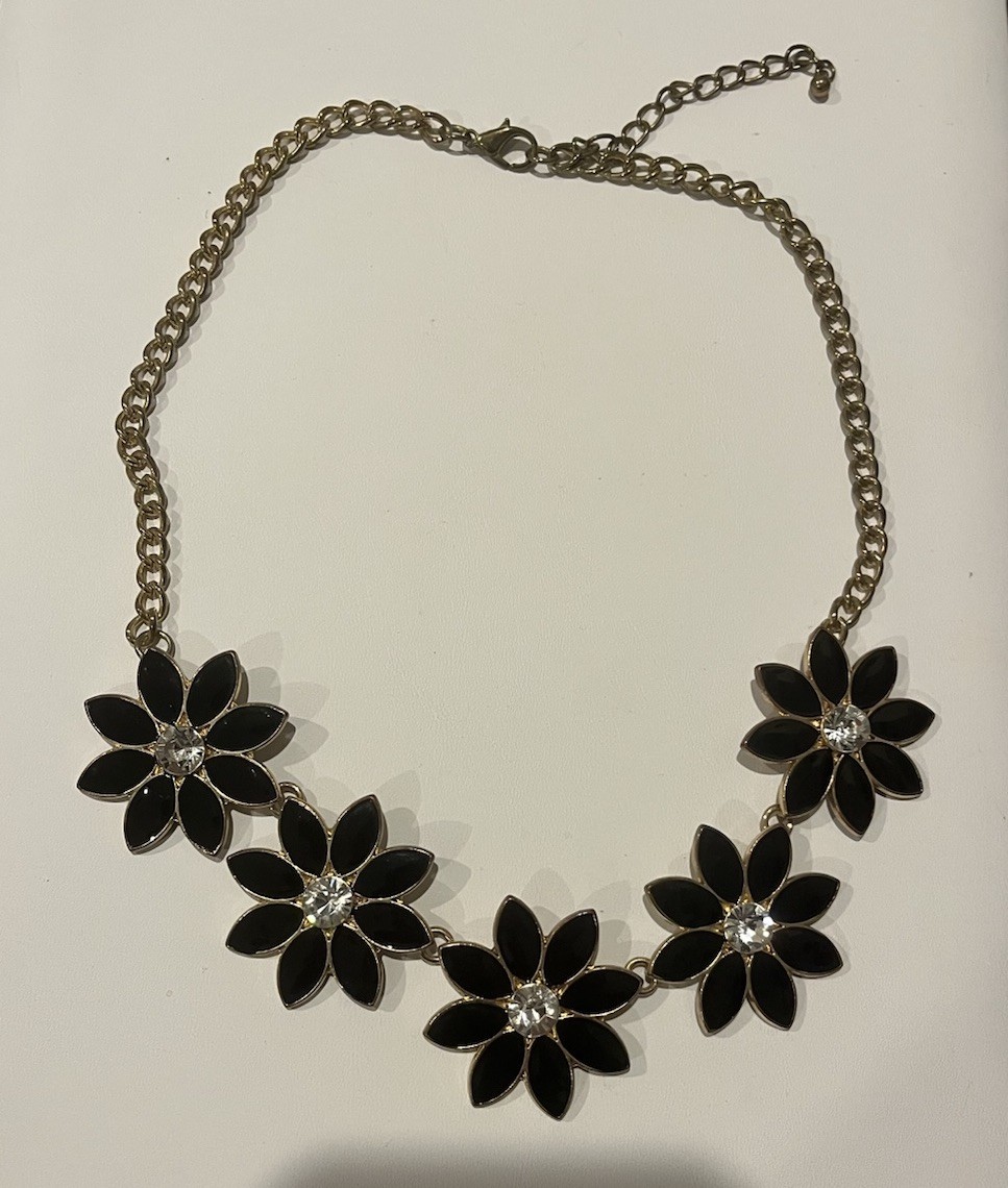 3 Bib Necklace Flower Rhinestone Enamel Black Green Statement Gold Tone 2010s