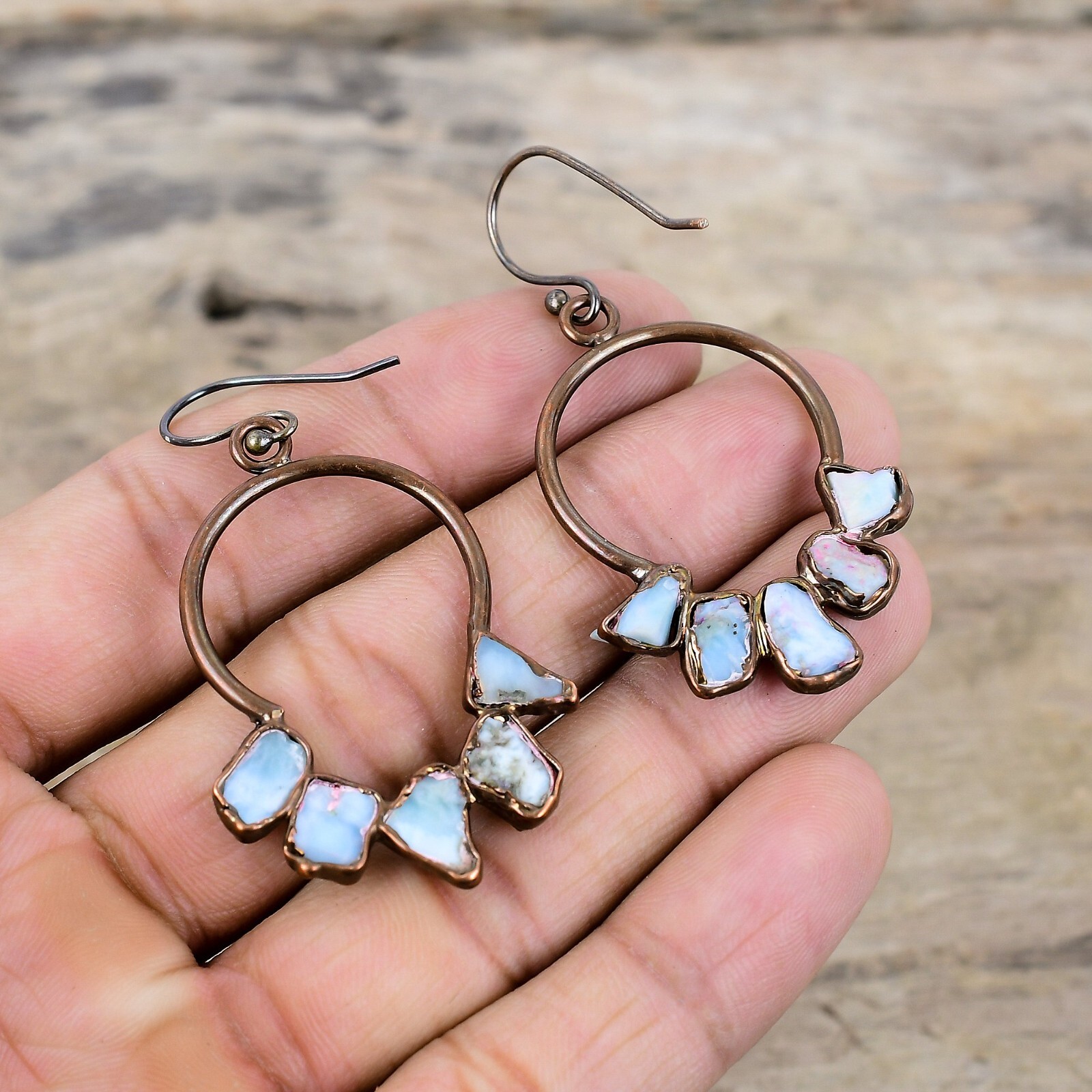 Copper Larimar Rough Gemstone Dangle Drop Electroformed Elegant Earrings Jewelry