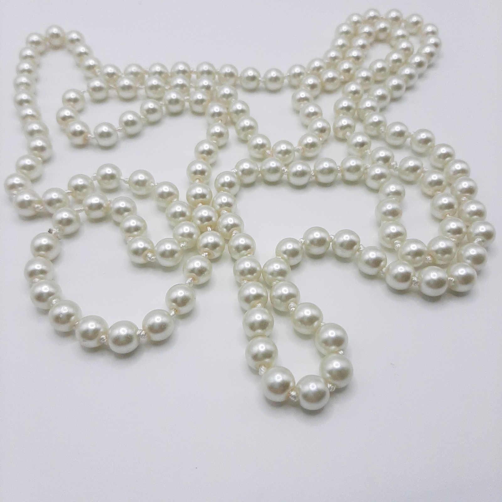Vintage Silver White High Quality Glass Faux Pearl Single Strand Necklace 60″