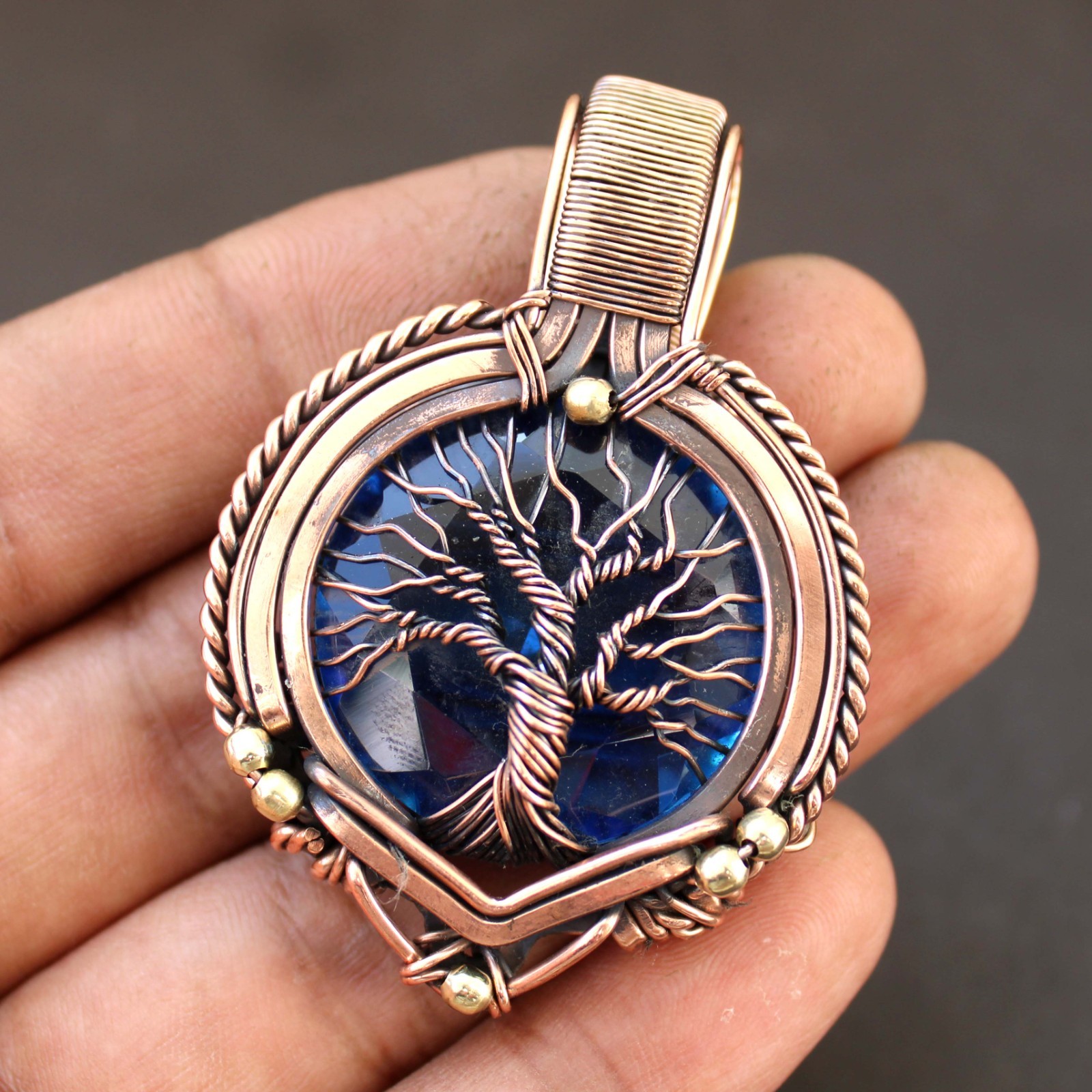 Blue Topaz Copper Wire Wrapped Tree Of Life Pendant With Chain Handmade Jewelry