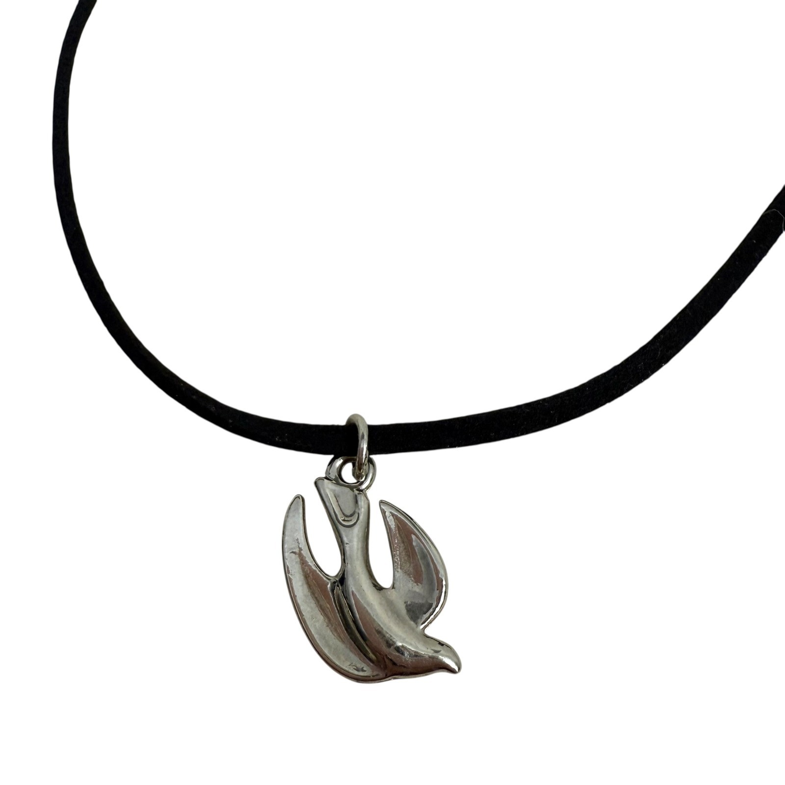 Silver Tone Dove Pendant Necklace Black Cord Bird Charm Fashion Jewelry 13.5 in