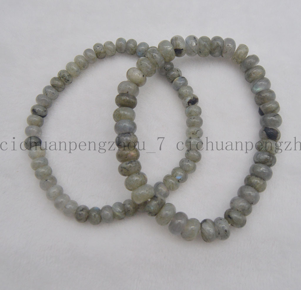 Natural 4x6mm/5x8mm Gray India Labradorite Rondelle Gems Elastic Bracelet 7.5”