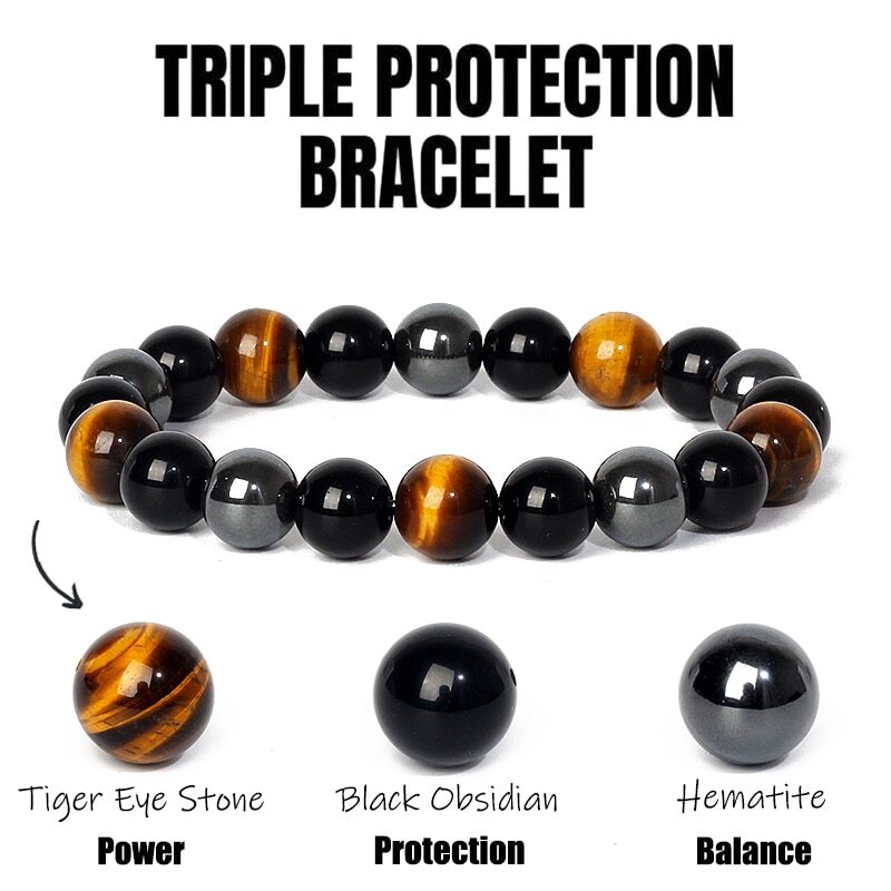 6/8/10mm Triple Protection Health Bracelets Obsidian Hematite Tiger Eye Bangle