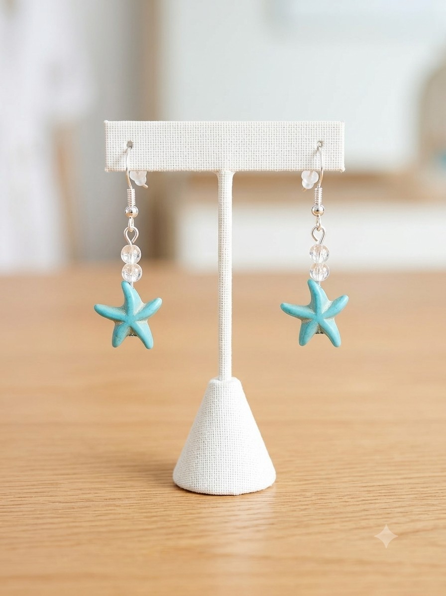 Beachy Blue Starfish Dangle Earrings Clear Glass Bead Summer Coastal Ocean Gift